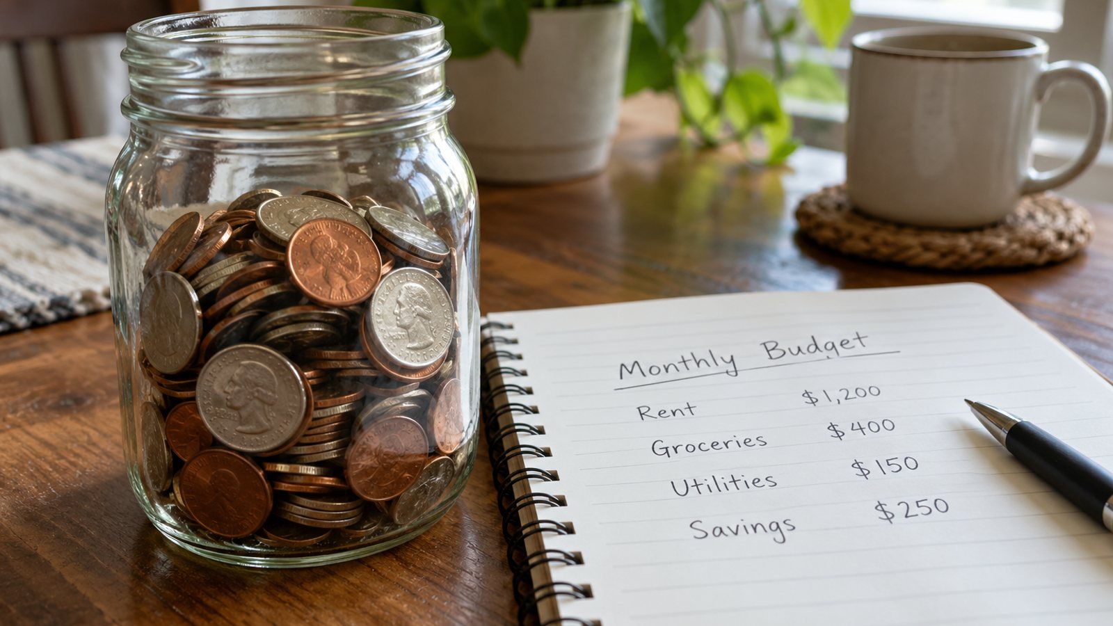 A jar of coins and a budget notebook (illustrative)