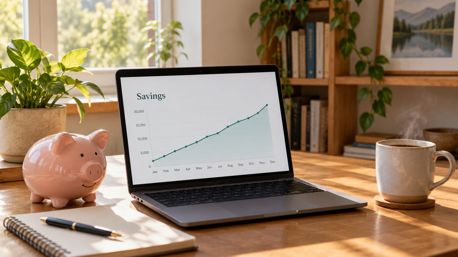 A home desk with a laptop and a piggy bank (illustrative)